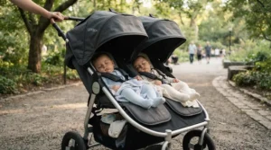 An infant twin stroller with full recline seats featuring extended canopies shielding sleeping babies from the sun.