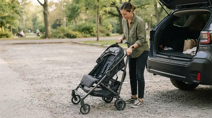 An infant twin stroller with full recline seats folding compactly for storage in a car trunk.