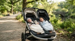 An infant twin stroller with full recline seats holding two newborns sleeping soundly during a park walk.