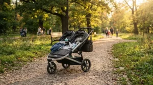 An infant twin stroller with full recline seats parked near a walking path during golden hour sunlight.