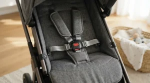 An infant twin stroller with full recline seats showing secure five-point harnesses for newborn safety.