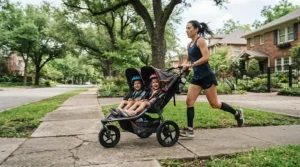 An athletic parent doing a speed workout with a jogging double stroller for marathon training parents on a suburban sidewalk
