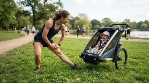 Post-run stretching session next to a jogging double stroller for marathon training parents