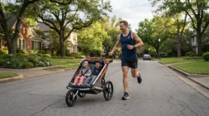 Dad doing speed intervals with a jogging double stroller for marathon training parents in a neighborhood