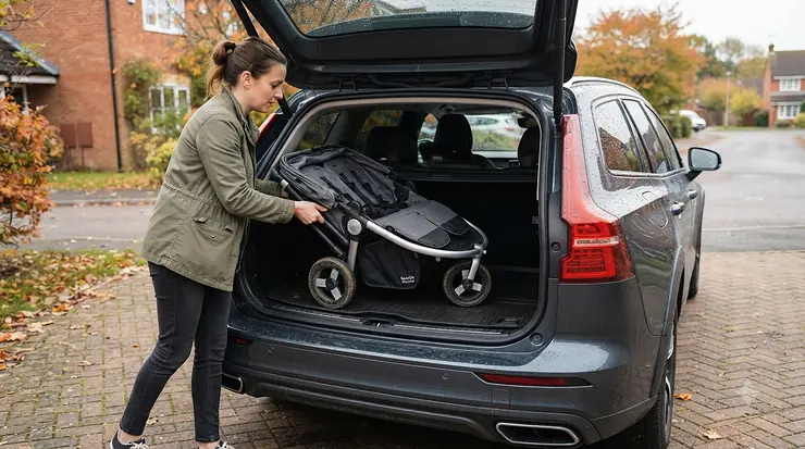 Lightweight twin stroller for newborn twins loaded into the trunk of a car