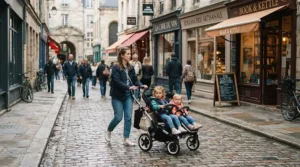 Lightweight twin stroller for newborn twins navigating a busy downtown sidewalk