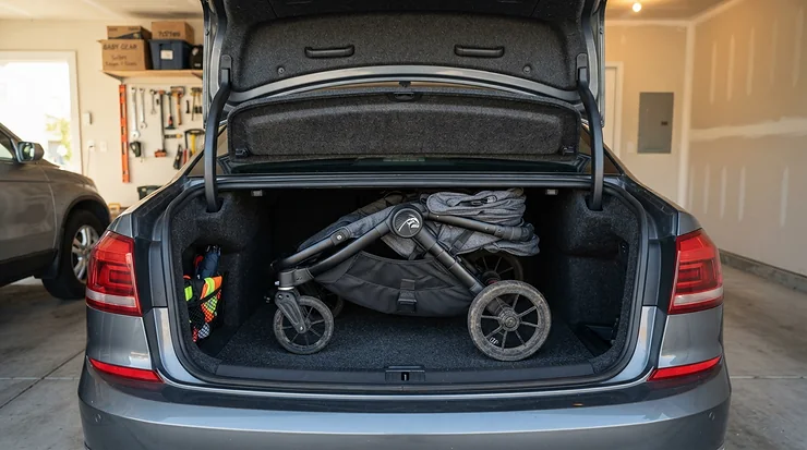 A lightweight twin travel stroller for toddlers fitting easily inside a compact car trunk.