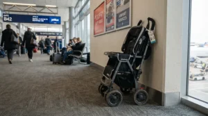 A lightweight twin travel stroller for toddlers folded compactly for airplane overhead bins.