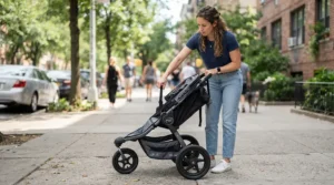 Demonstrating how a lightweight twin travel stroller for toddlers folds with one hand.