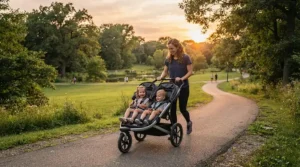 Enjoying a sunny afternoon walk with a lightweight twin travel stroller for toddlers on a paved trail.