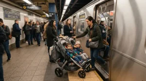 Riding public transit with a travel-friendly lightweight twin travel stroller for toddlers.