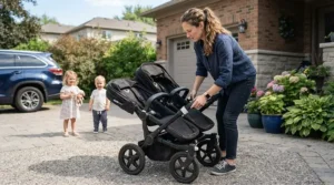 A parent folding a compact sit-and-stand stroller with a standing platform for older kids near a suburban home