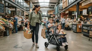 Parent using a sit-and-stand stroller for grocery store trips while holding a hand basket