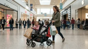 A sit-and-stand stroller for grocery store trips loaded with shopping bags in the aisle