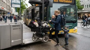 Parent boarding public transit with a sit-and-stand stroller for toddler and preschooler.