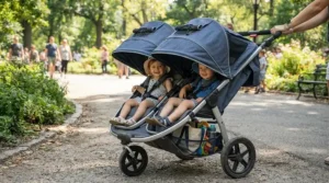 A sit-and-stand stroller for toddler and preschooler showing extended sun canopies.
