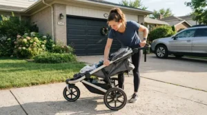 Demonstration of folding a sit-and-stand stroller for toddler and preschooler in a suburban driveway.