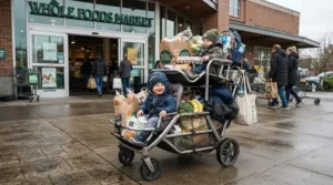 A sit-and-stand stroller for toddler and preschooler parked near shopping bags outside a supermarket.