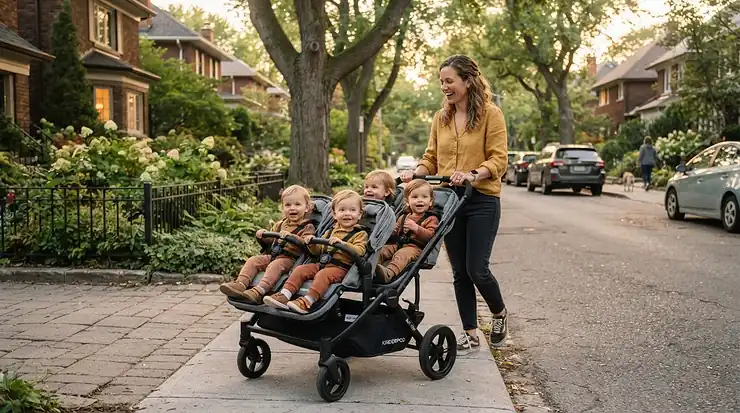 Mother navigating a sit-and-stand stroller for toddler and preschooler down a suburban sidewalk.