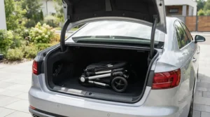 A budget sit-and-stand stroller under $200 folded compactly in a car trunk, showing easy storage for American families on the go.