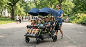 Sit-and-stand stroller with standing platform for older kids equipped with large adjustable sun canopies