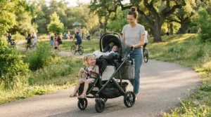 Sit-and-stand stroller with standing platform for older kids configured with an infant car seat for a newborn