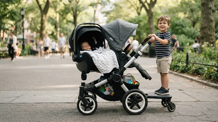 Sit-and-stand stroller for grocery store trips featuring a baby seat and standing board