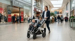 Tandem twin stroller for newborn twins rolling through a bright shopping center