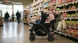 Toddler riding on the back platform of a sit-and-stand stroller for grocery store trips