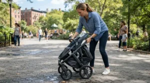 Tandem twin stroller for newborn twins folding easily on a city sidewalk