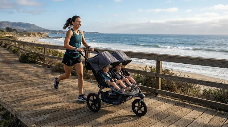 A twin jogging stroller for running with twins being maneuvered along a scenic coastal boardwalk.