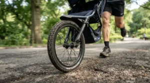 A twin jogging stroller for running with twins featuring a fixed front wheel for high-speed tracking.