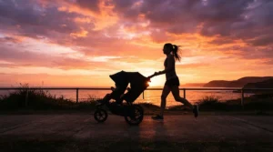 An active parent pushing a twin jogging stroller for running with twins during golden hour.
