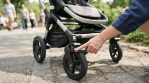 Close-up comparison detail on a twin jogging stroller for running with twins showing wheel locking mechanism.