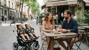 Relaxed parents enjoying coffee while resting a twin stroller for first-time parents of twins beside an outdoor cafe table.