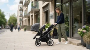 An overwhelmed mom successfully learning to fold her twin stroller for first-time parents of twins outside her apartment building.