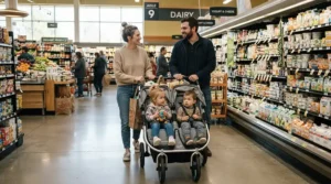 New parents navigating crowded grocery store aisles with a compact twin stroller for first-time parents of twins.