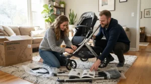 First-time parents unboxing and assembling their new twin stroller for first-time parents of twins in the living room.