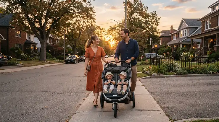 First-time parents taking their newborns on a peaceful evening walk using a twin stroller for first-time parents of twins.