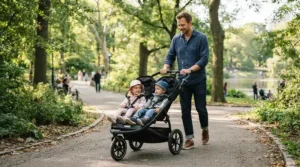 A nervous first-time dad calmly pushing a twin stroller for first-time parents of twins down a sunny suburban park sidewalk.