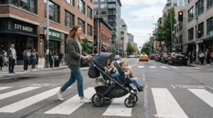 A mom safely crossing a busy city street with a reliable twin stroller for first-time parents of twins.
