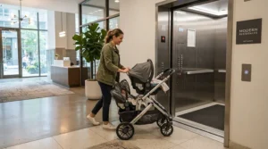 A parent entering an elevator in a residential building holding a twin stroller for narrow city sidewalks.