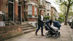 An individual walking past historic residential building steps with a twin stroller for narrow city sidewalks.