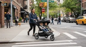 A caregiver rolling a twin stroller for narrow city sidewalks down a corner curb cut onto the street.