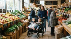 Shoppers browsing produce shelves with a twin stroller for narrow city sidewalks in a neighborhood market.