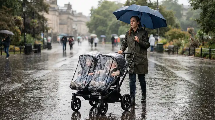 A person holding an umbrella while steering a twin stroller for narrow city sidewalks on a wet pavement.