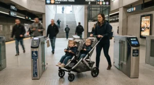 A commuter passing through a transit station gate with a twin stroller for narrow city sidewalks.