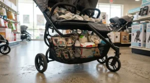 Twin stroller for newborn twins showing the large under-seat storage basket filled with bags