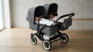 Twin stroller for newborn twins featuring dual flat bassinet attachments