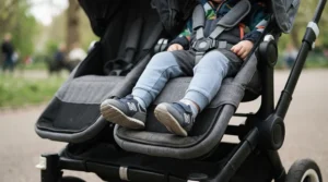 A toddler resting their feet on the adjustable leg support of a twin stroller under $300.